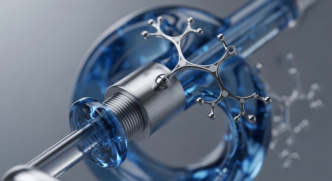 The image showcases a macro view of interconnected transparent blue channels filled with liquid, alongside a metallic, threaded cylindrical component. Several intricate silver, tree-like structures, some in sharp focus and others softly blurred, are integrated within this dynamic system