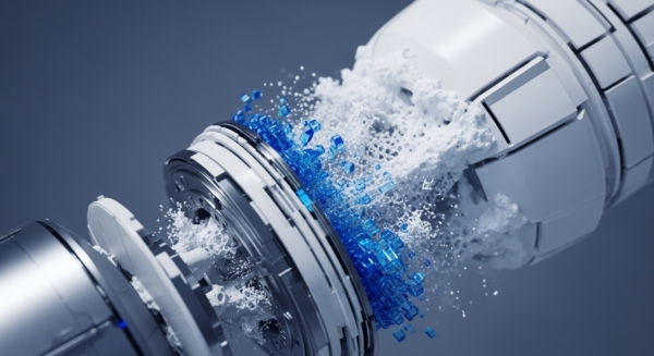 A futuristic mechanical interface depicts a dynamic data transformation process. Two sophisticated cylindrical components, one metallic and one white segmented, interact at their nexus. A burst of vibrant blue, cubic digital assets or data packets explodes outwards, accompanied by a frothy dispersion of white, potentially representing raw data streams or computational noise. This visual metaphor illustrates complex cryptographic operations, such as transaction validation, data serialization, or smart contract execution, highlighting efficient protocol mechanisms transforming inputs into verifiable outputs within a DLT ecosystem.