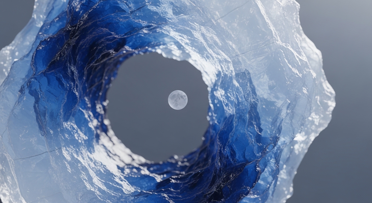 A visually striking tunnel-like structure, composed of intricate blue and white crystalline formations, frames a perfectly centered full moon against a soft grey sky. The varying shades of blue and the textured surfaces create a sense of depth and organic complexity within this icy pathway