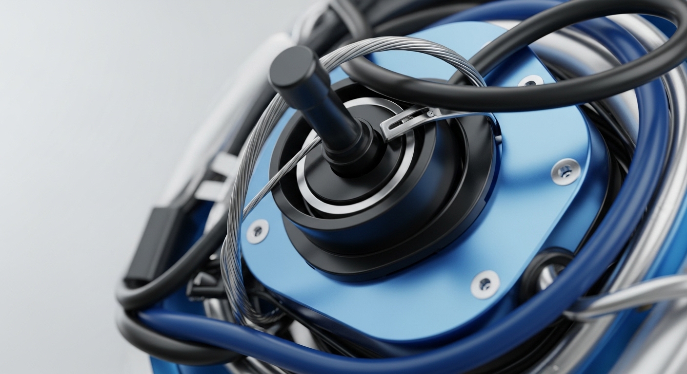 A close-up view reveals a robust mechanical assembly featuring a central black cylindrical component, resembling a control input, anchored to a bright blue metallic plate with silver screws. An intricate web of black, blue, and silver cables, some braided, others smooth, intertwine around the core, signifying complex interdependencies. This intricate DLT architecture suggests a sophisticated system facilitating network synchronization and secure communication, crucial for robust smart contract execution and maintaining data integrity within a corporate crypto environment.