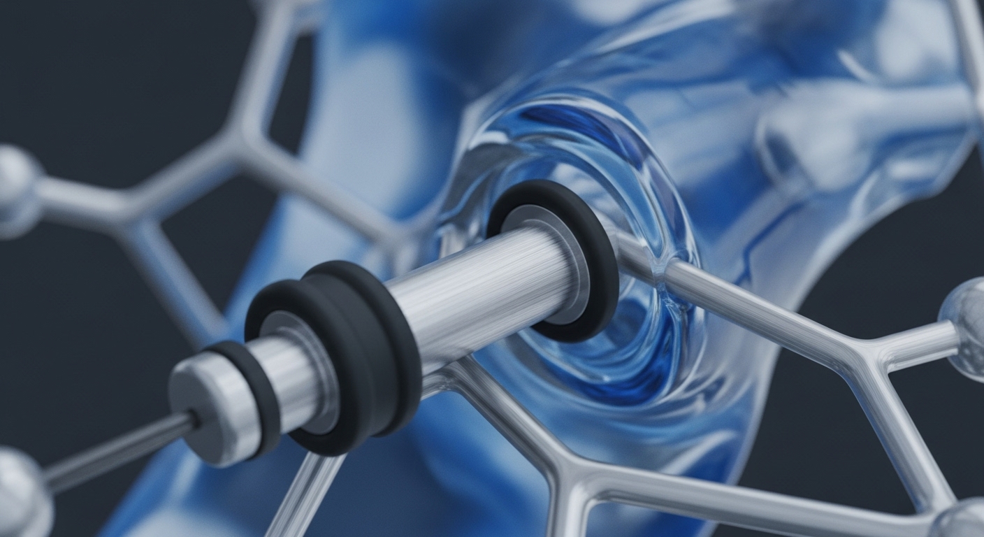 A close-up perspective reveals an intricate metallic lattice framework, partially submerged in a vibrant, translucent blue fluid. A polished silver rod, adorned with black rings, extends horizontally through the center of this dynamic, flowing substance