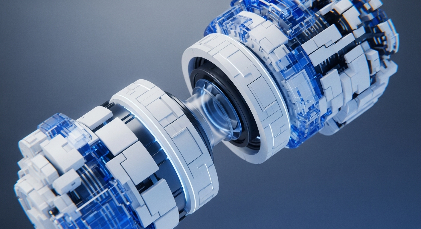 A sophisticated digital rendering displays two futuristic, cylindrical modules, predominantly white with translucent blue sections, linked by a glowing central connector. Intricate geometric patterns and visible internal components characterize these high-tech units, set against a smooth blue-gray background