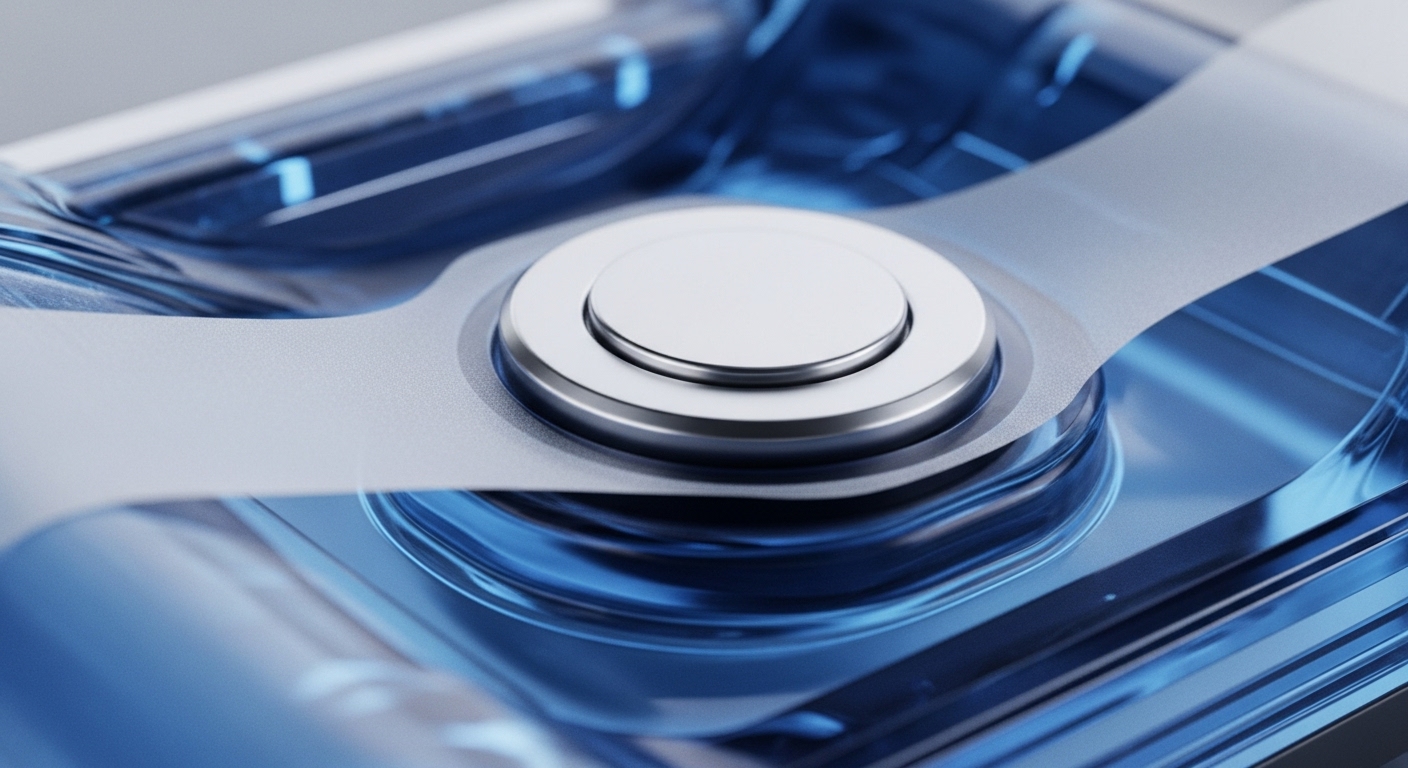 A polished metallic circular component, resembling a secure element, rests centrally on a textured, light-grey substrate, likely a flexible circuit or data ribbon. This assembly is set within a vibrant, translucent blue environment, exhibiting dynamic, reflective contours suggestive of a complex network or liquidity pool. This intricate setup embodies advanced cryptographic key management within a hardware wallet's secure enclave, crucial for digital asset security and seamless decentralized finance DeFi interoperability on a distributed ledger technology DLT network, facilitating smart contract execution.