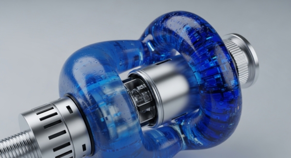 A transparent blue, knot-shaped conduit, visually representing a decentralized network node, encapsulates intricate blockchain architecture patterns. Within its translucent walls, embedded digital asset pathways suggest data integrity and cryptographic hash operations. A central metallic core, possibly a smart contract execution engine, processes information flow. One end connects to a flexible data pipeline, while the other features a finely grooved connector, implying protocol integration for transaction validation within a distributed ledger technology DLT framework. This visual metaphor illustrates advanced data encapsulation.