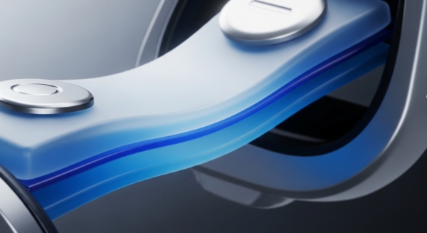 A close-up view reveals a sophisticated layered structure, featuring translucent blue material encasing a distinct dark blue data channel. Metallic circular elements suggest secure access points or cryptographic key interfaces. This visual metaphor represents a modular blockchain architecture, illustrating the protocol stack with its distinct consensus layer and execution layer. The translucent layers signify data availability and verifiable computation, emphasizing the integrity of distributed ledger technology and secure multi-party computation within a secure enclave.