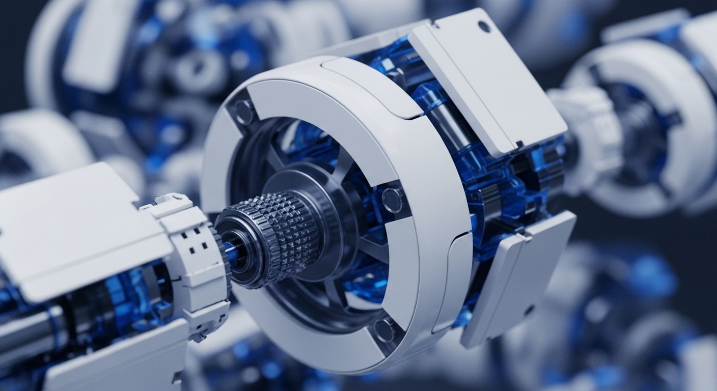 A close-up shot reveals an advanced mechanical assembly featuring white external casings and highly detailed metallic components, with bright blue internal structures visible through translucent sections. A central, finely textured spline mechanism connects two primary modules, suggesting a precision-engineered system