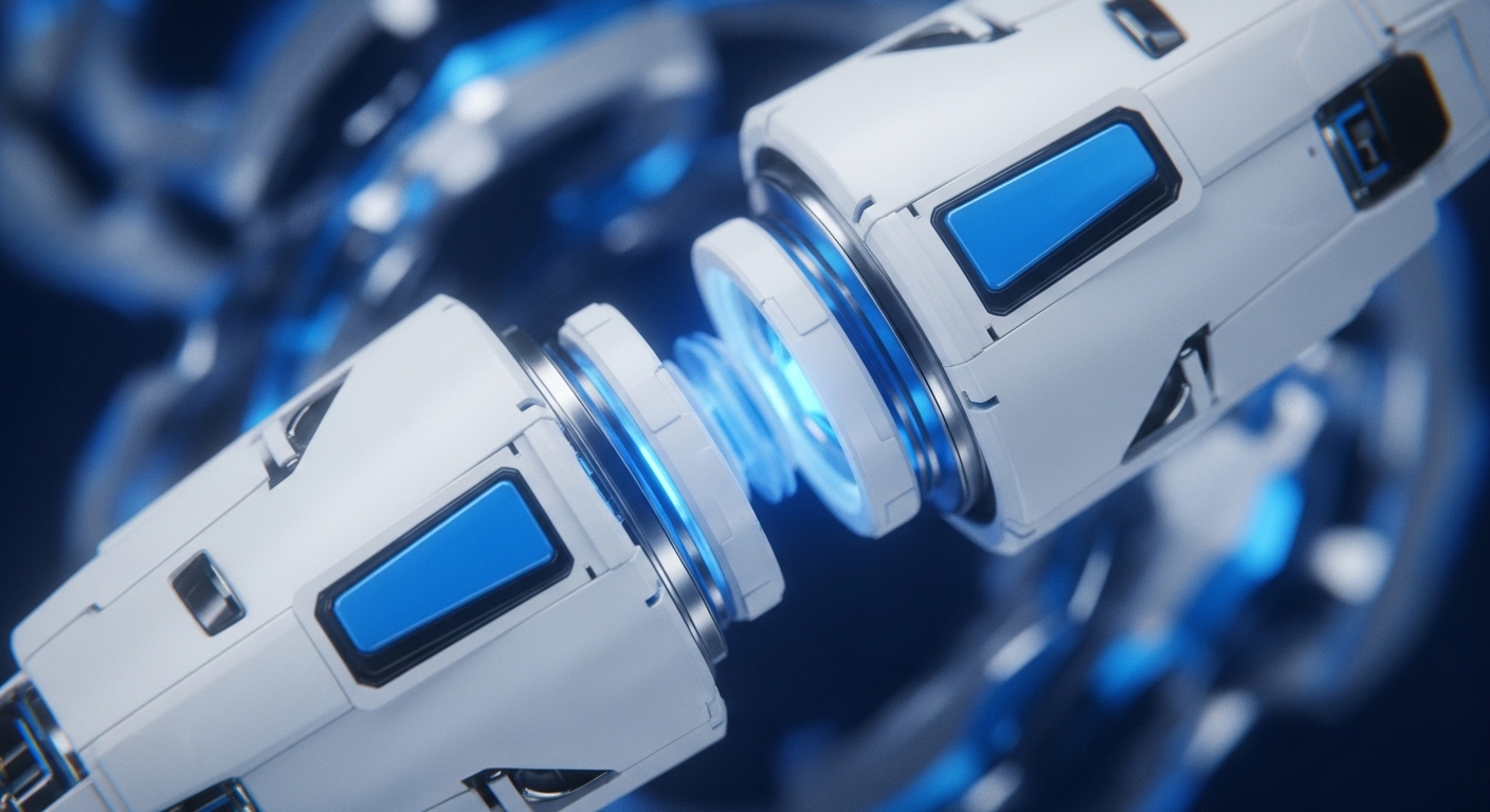 Two futuristic white devices with prominent blue illuminated panels are shown interacting at their core, where a bright blue energy field connects them. The devices feature metallic accents and intricate modular designs, set against a softly blurred background of abstract blue and grey technological forms