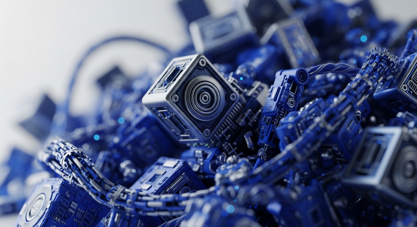 A detailed, close-up view reveals a dense aggregation of abstract digital and mechanical components, predominantly in metallic silver and varying shades of deep blue. The foreground features a distinct silver cubic unit with a circular, layered mechanism, surrounded by a complex network of blue structural elements, interwoven wires, and illuminated data points