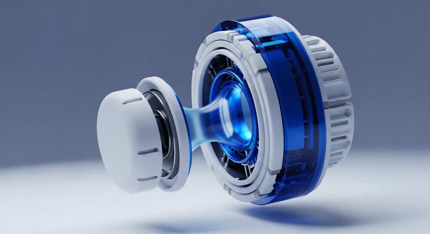 A futuristic, white and blue mechanical component is prominently displayed against a smooth, light grey background. The device features a solid white left section, connected by a luminous, translucent blue energy conduit to a detailed right module encased in transparent blue, revealing intricate internal mechanics