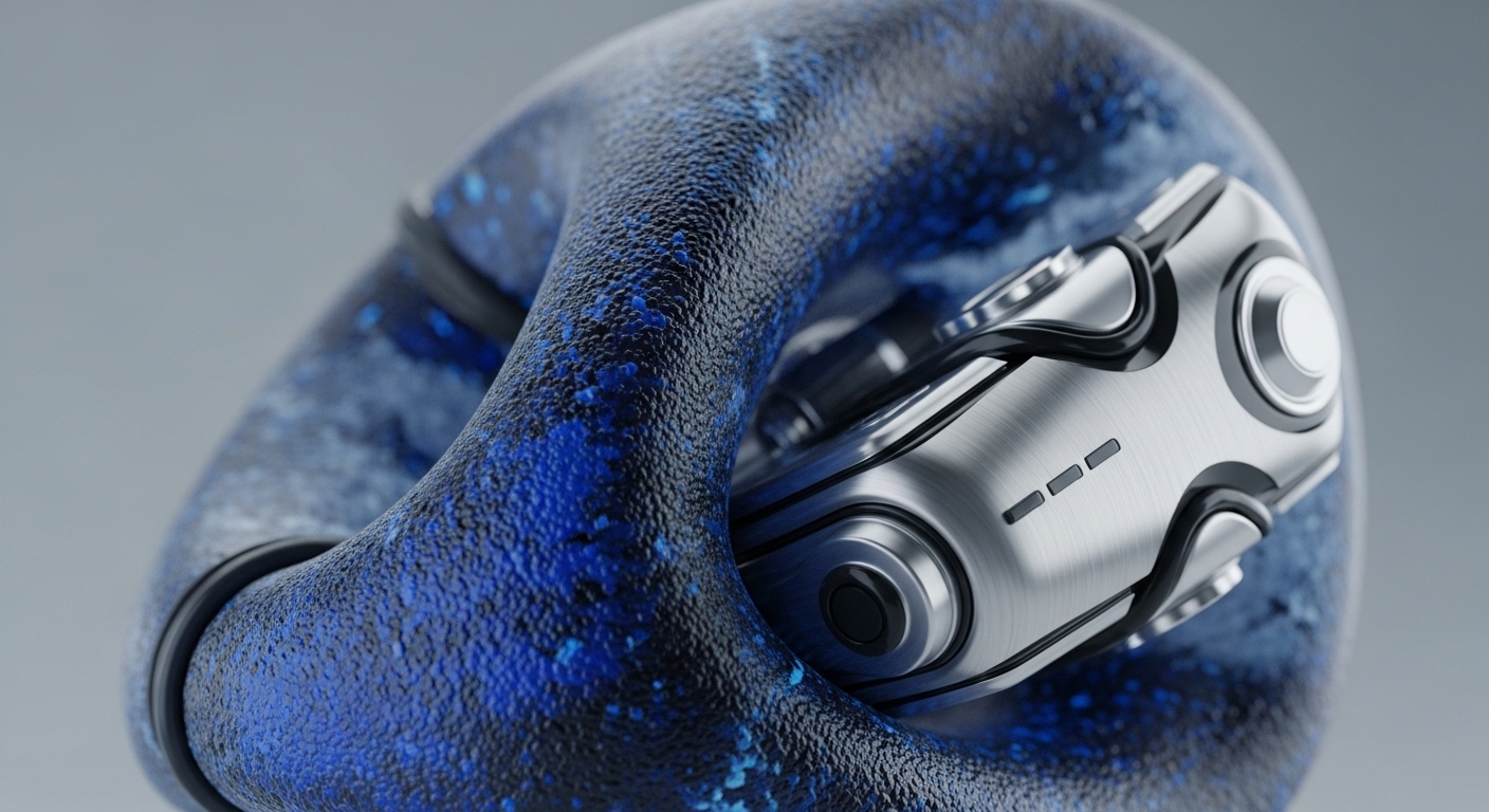 A metallic, brushed silver component is intricately intertwined with a textured, dark blue, organic-looking structure. The silver element features circular nodes and rectangular indicators, while the blue form displays a granular surface with lighter specks
