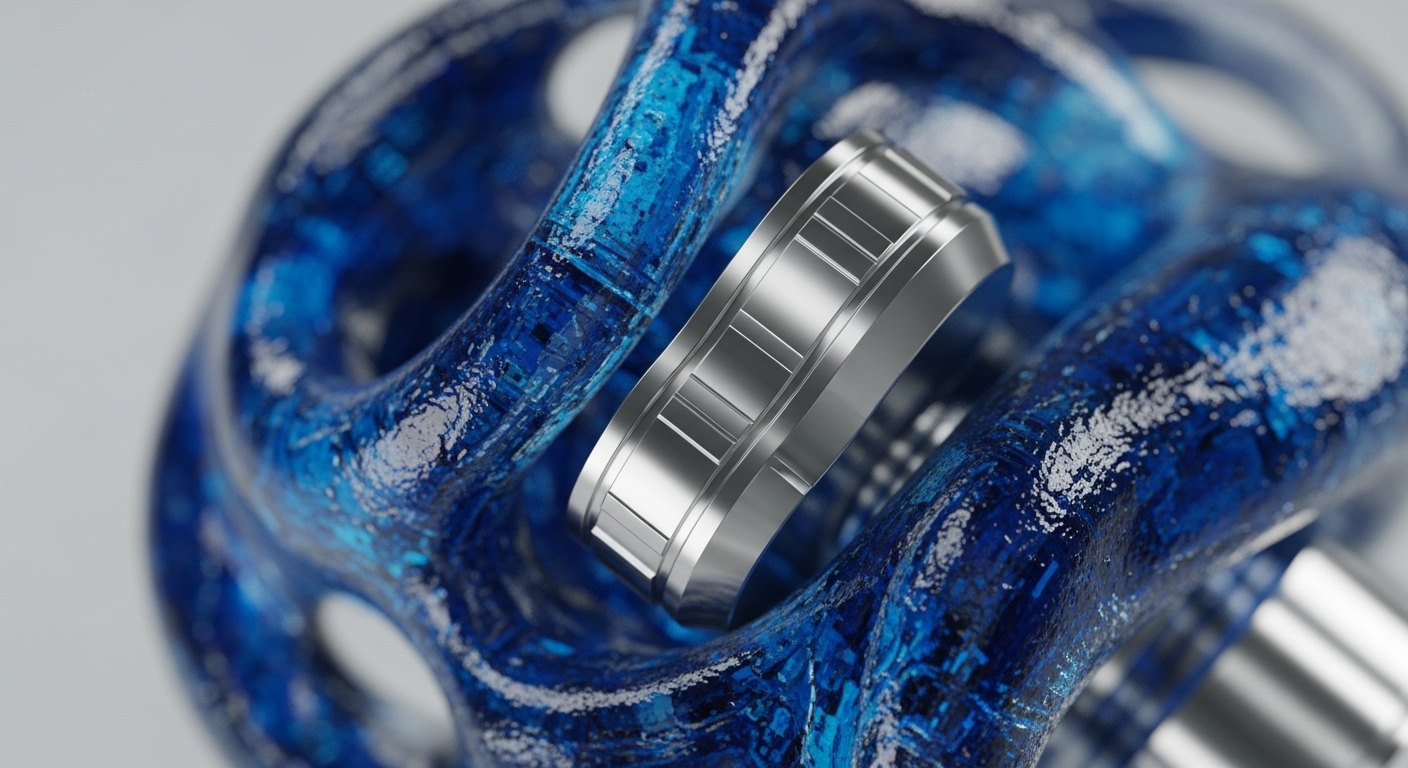 A polished silver ring, featuring precise grooved detailing, rests within an intricate blue, textured, and somewhat translucent structure. The blue structure appears to be a complex, abstract form with internal patterns, suggesting a digital network