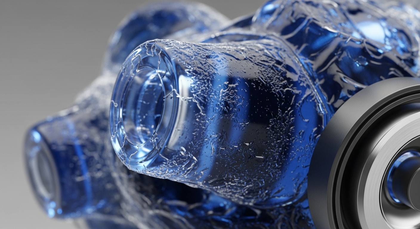 Translucent blue, intricately structured modules, appearing as interconnected components, are prominently featured, covered in fine droplets. A robust metallic cylindrical object, with a brushed finish and dark grey ring, is visible on the right, suggesting a hardware element