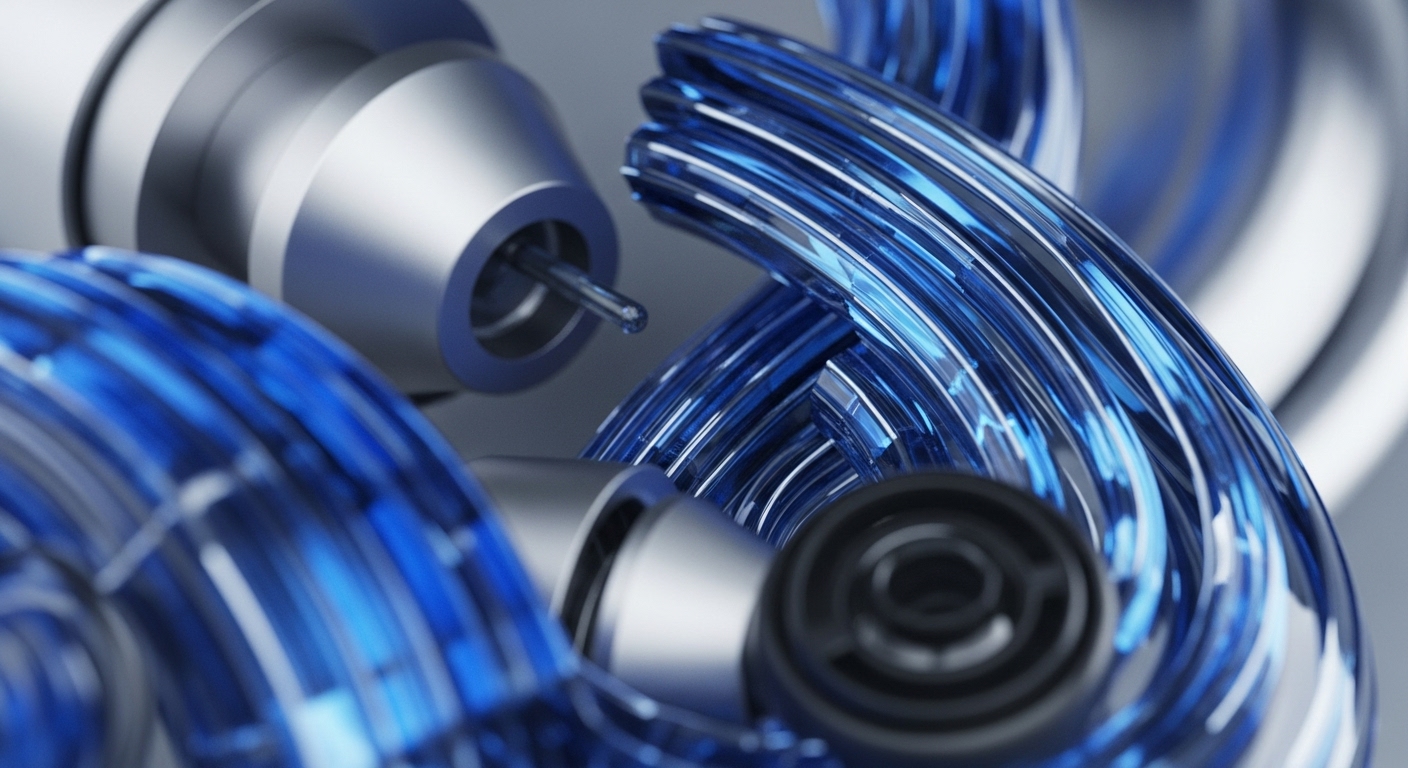 Precision-engineered metallic nodes and translucent blue conduits depict a sophisticated decentralized network infrastructure. A central metallic component with a fine rod suggests data input/output or oracle integration, while another circular element implies smart contract execution or validator node functionality. The intricate blue pathways symbolize high-speed transaction throughput and inter-chain communication, representing protocol layers within a distributed ledger. This abstract rendering emphasizes cryptographic security and data integrity essential for Web3 architecture and DeFi primitives.