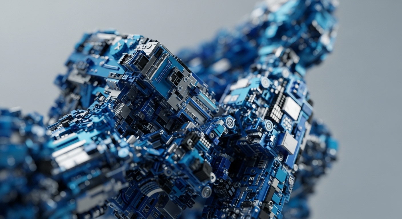 An intricate, abstract structure composed of numerous interconnected blue and silver electronic components, resembling circuit boards and microchips, forms a dynamic three-dimensional entity against a soft grey background. The complex arrangement of these metallic and vibrant blue elements creates a high-tech, futuristic visual with varying depths of field