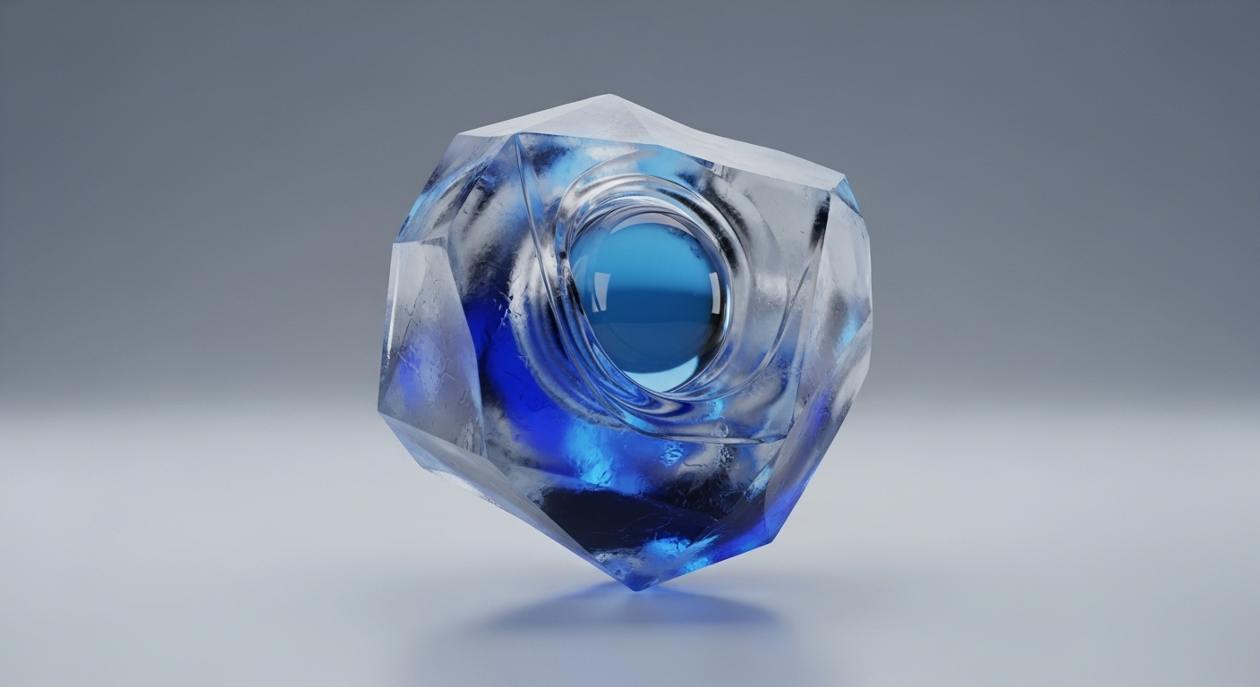 A three-dimensional render features a faceted, translucent object, predominantly clear with vibrant blue internal elements, centered on a smooth light gray surface. The object contains a distinct, smooth blue sphere embedded within a crystalline, textured structure that reflects ambient light