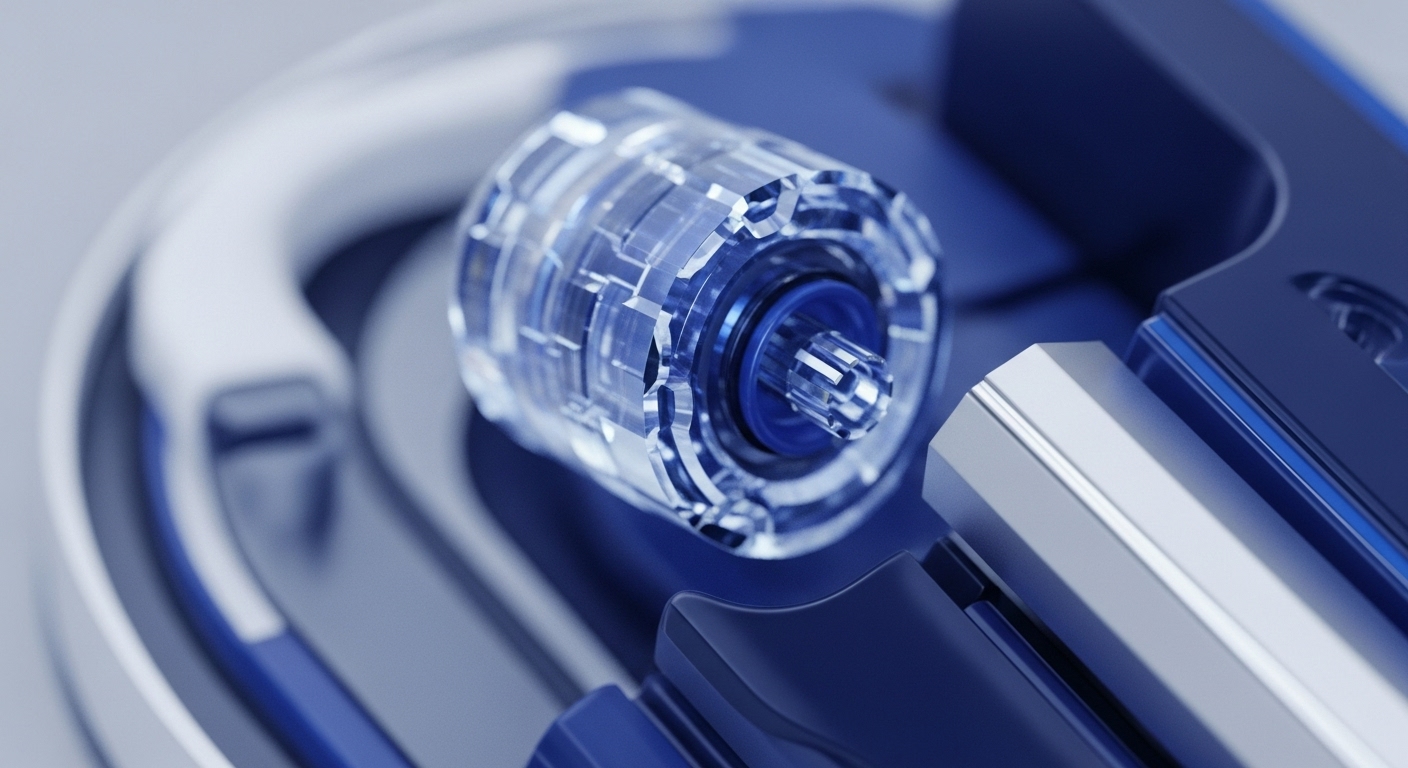 A transparent, faceted cylindrical component with a blue internal mechanism and a multi-pronged shaft is prominently displayed amidst dark blue and silver metallic structures. This intricate assembly highlights the precision engineering behind core blockchain infrastructure