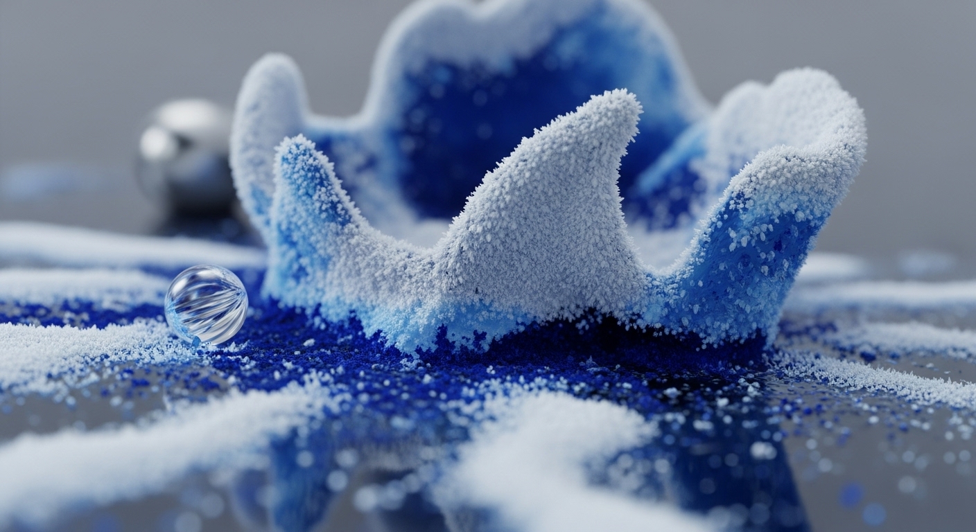 A dynamic, frosted blue and white structure, reminiscent of a stablecoin liquidity pool, dominates the foreground. Granular white and blue particles, symbolizing distributed ledger transaction data or gas fees, scatter across a reflective surface. A clear, textured oracle sphere rests amidst the token distribution, while a blurred metallic asset representation sits in the background. This visual metaphor highlights cryptographic primitives and the intricate network topology of a decentralized finance ecosystem, emphasizing protocol security.