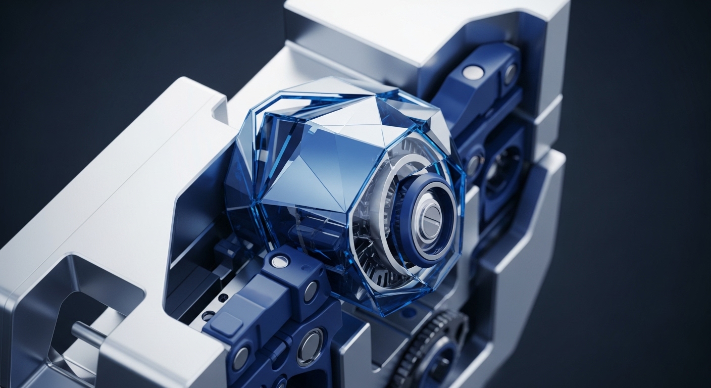 The image presents a detailed view of a high-precision mechanical component, showcasing a prominent, faceted blue crystalline structure encased within a polished silver-grey frame. Visible internal blue mechanisms and metallic fasteners indicate an intricate, functional design