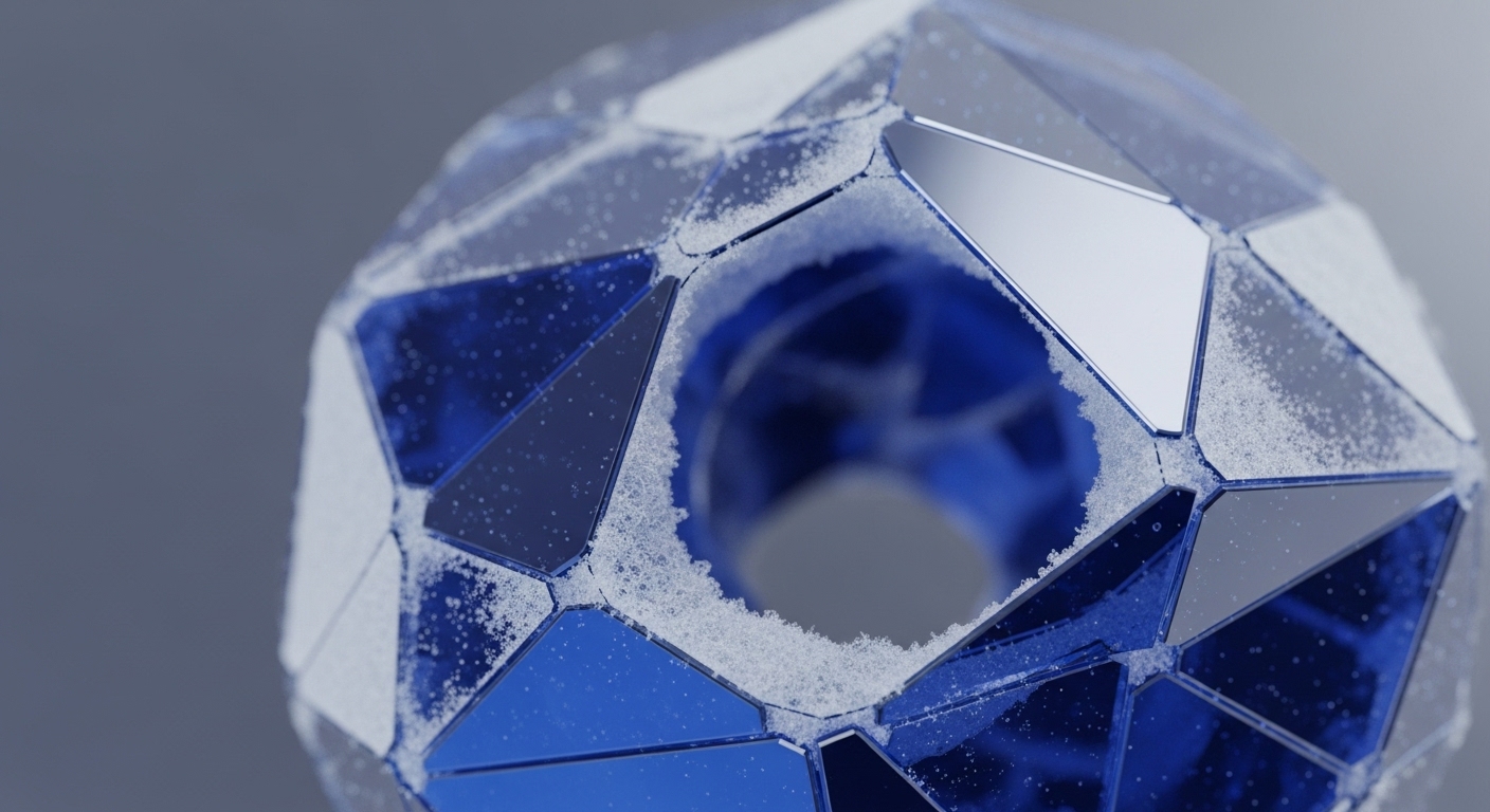 A faceted, crystalline structure, predominantly deep blue and silver, covered in frost, represents a cryptographic primitive or a network node. The geometric precision suggests algorithmic integrity and immutable ledger principles. Its frosty exterior evokes cold storage security for digital assets within a decentralized architecture. The central aperture could symbolize a data gateway for transaction validation or a cross-chain bridge in a Web3 ecosystem, emphasizing network security and protocol interoperability.