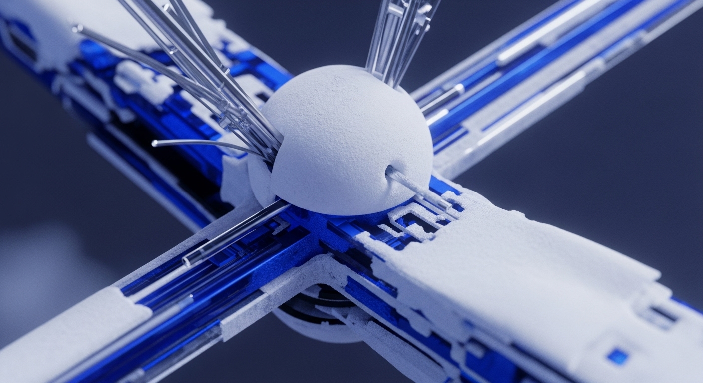 The image presents a detailed close-up of a futuristic technological structure, predominantly white and blue, with a central spherical component and radiating arms. Metallic rods connect the central sphere to these arms, which feature intricate blue patterns beneath a textured white surface