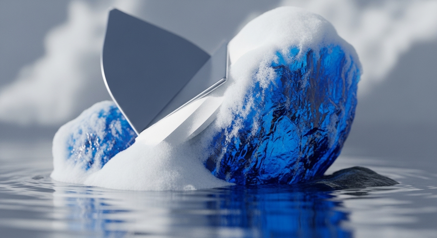 A sharp, metallic, silver-grey structure, partially covered in white snow, emerges from a vibrant blue, textured mass, itself snow-dusted and resting in calm, rippling water. Another smaller, similar blue and white formation is visible to the left, all set against a soft, cloudy sky