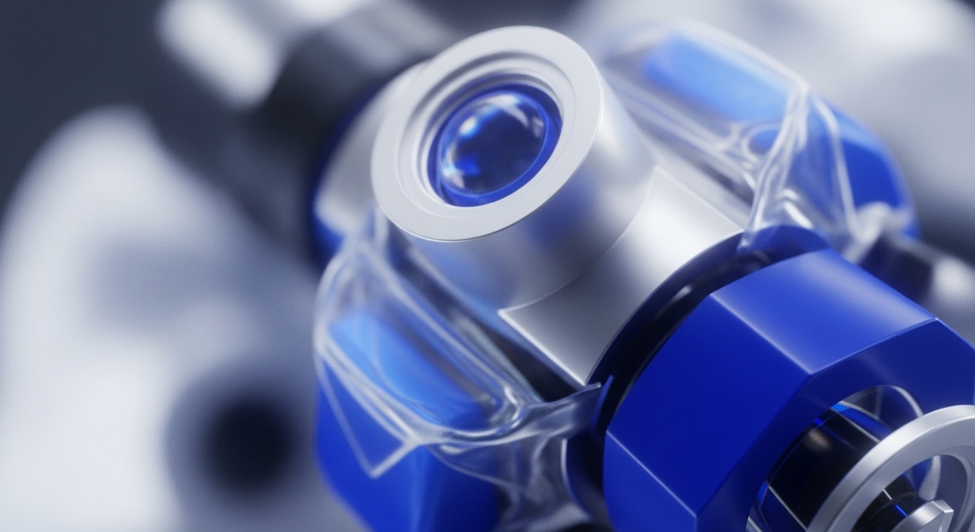 A detailed macro shot showcases a complex, high-tech component composed of polished silver, translucent materials, and striking royal blue elements. The central focus is a circular silver housing with a deep blue, lens-like core, surrounded by intricate transparent structures that connect to other blue, faceted modules