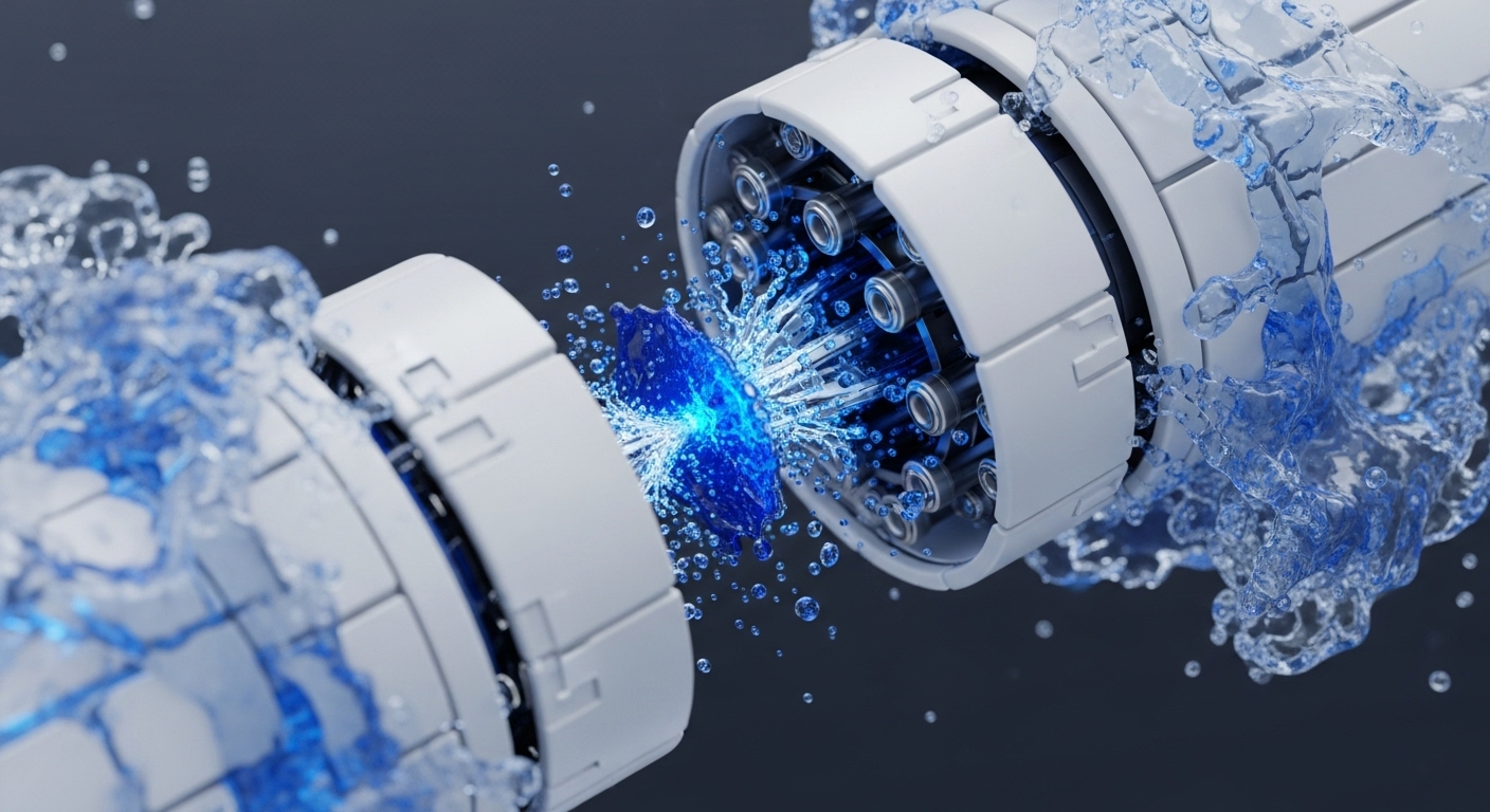 Two white, segmented cylindrical components are shown in a state of dynamic interaction, separated by a central burst of glowing blue energy and vibrant liquid splashes. Internal structural details, resembling processing units or nodes, are visible within the cylinders, immersed in the energetic blue fluid