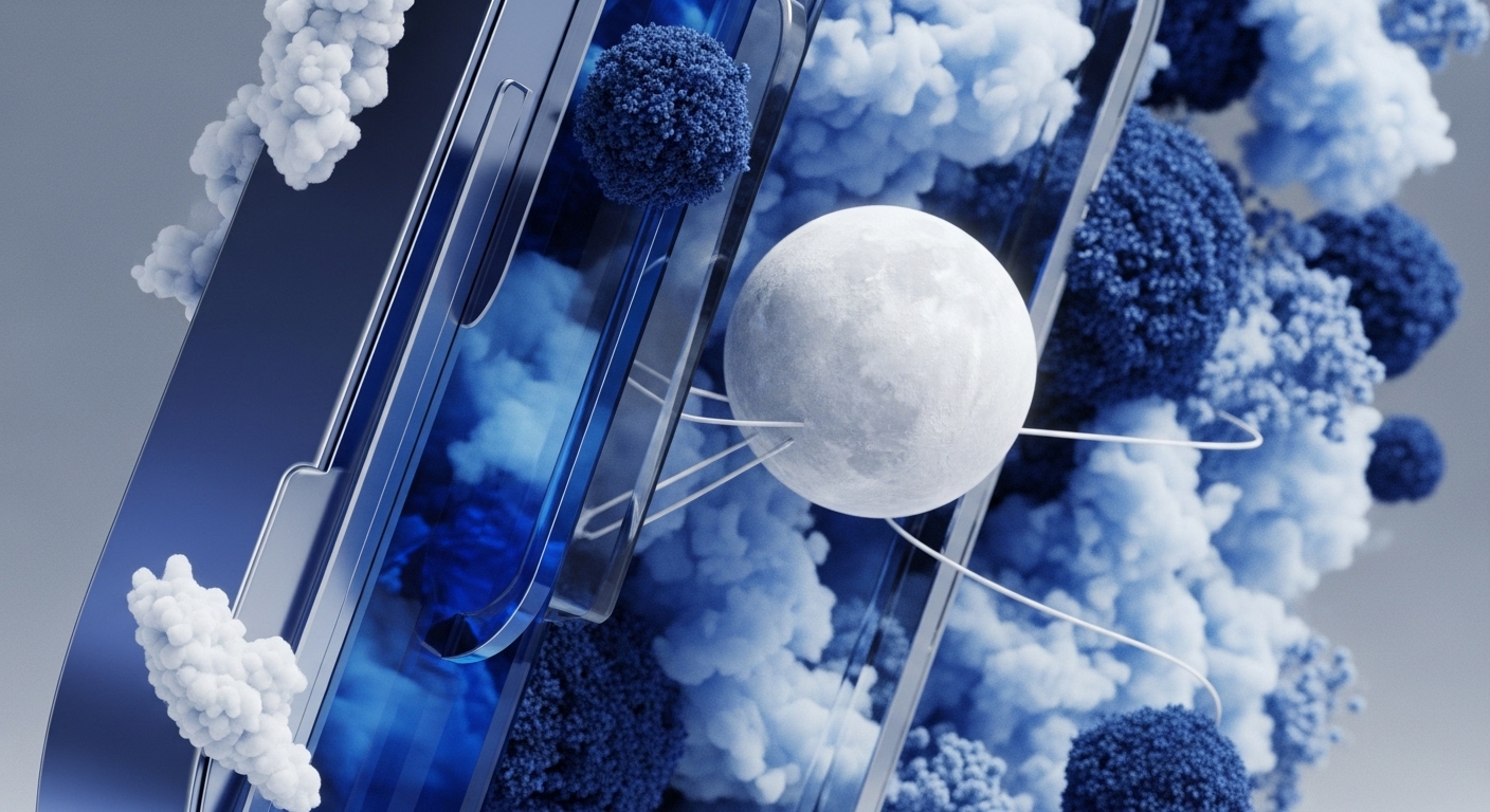 The image displays sleek, reflective metallic frameworks enclosing abstract, cloud-like forms in varying shades of blue and white, alongside textured spherical elements. A prominent white sphere, resembling a celestial body, is centrally positioned with delicate white lines extending outwards, connecting to the surrounding elements