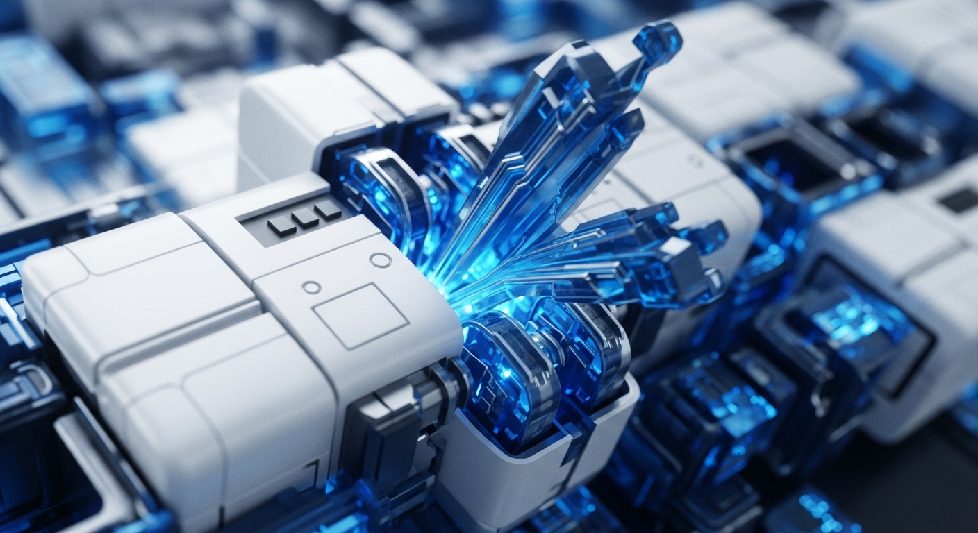 A sophisticated modular system features interconnected white components, housing a vibrant blue crystalline core radiating light, symbolizing high-speed data processing. This visual metaphor illustrates the intricate workings of a decentralized ledger architecture. Glowing conduits represent rapid cryptographic hashing operations and secure transaction finality across network nodes. The system's modularity suggests advanced sharding protocols enhancing scalability within a robust Web3 infrastructure, managing digital assets with immutable integrity.