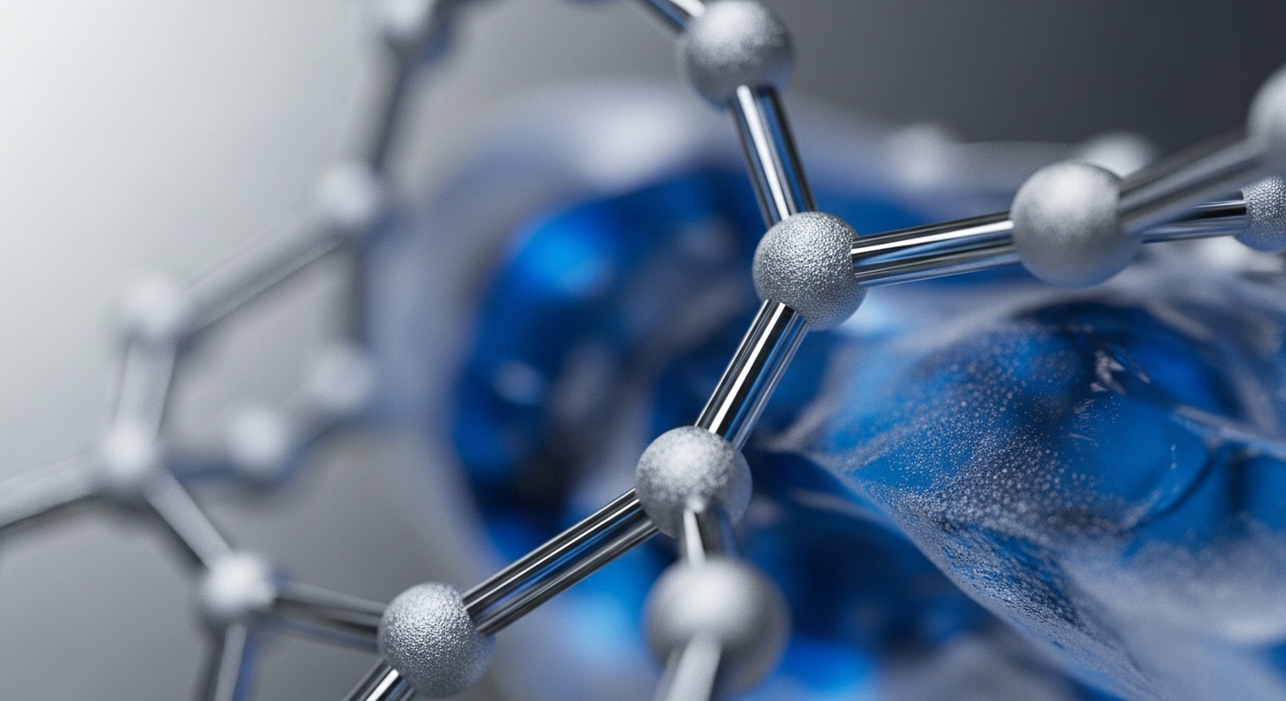 A close-up view features a network of silver spheres connected by reflective rods, set against a blurred blue background with subtle textures. The foreground elements are sharply in focus, highlighting their metallic sheen and granular surfaces