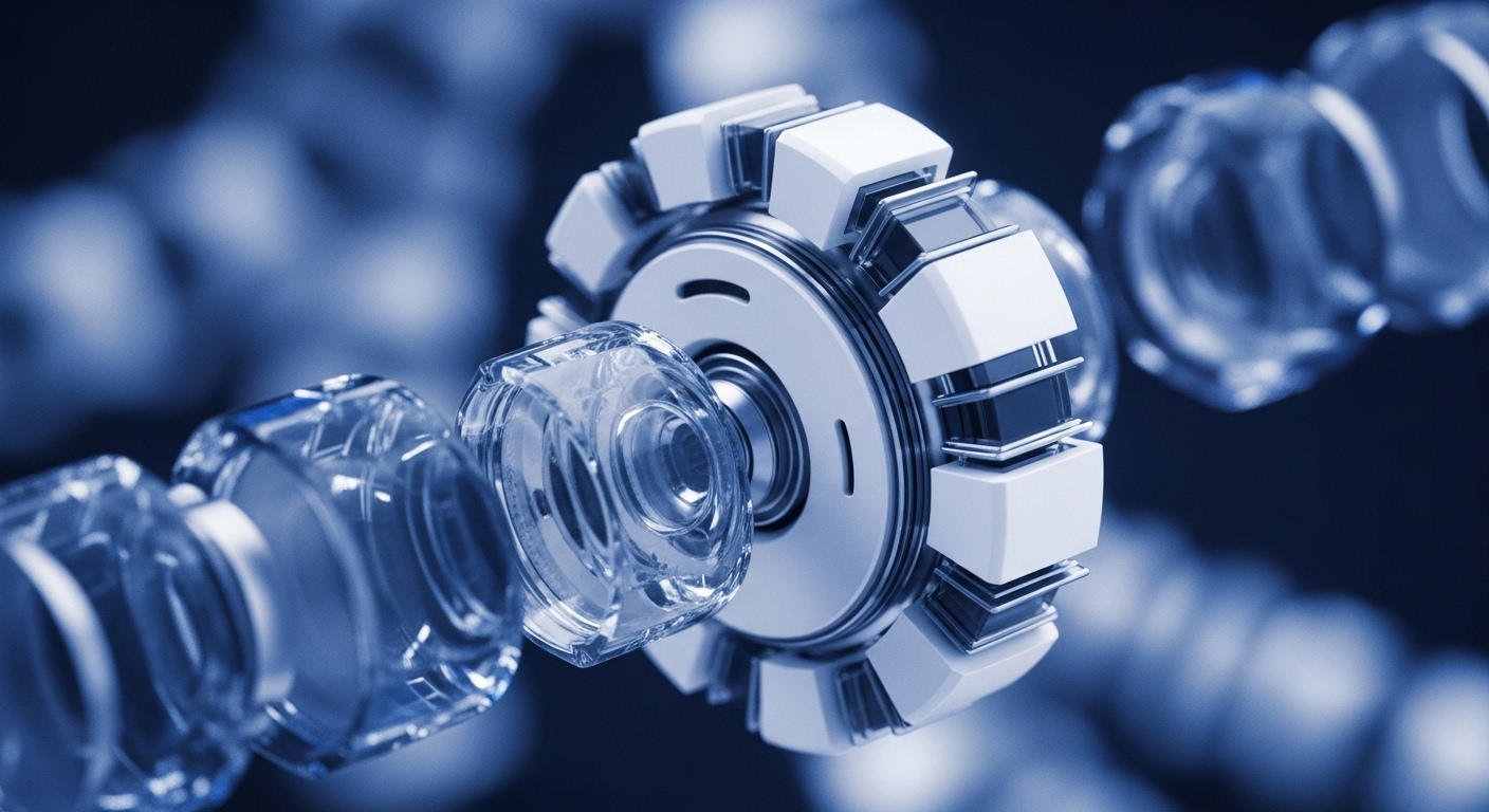 A prominent, abstract mechanism in blue and white hues dominates the foreground, featuring a central white circular core with segmented, radiating elements and a transparent, multifaceted centerpiece. This central unit is intricately linked to a series of transparent, crystalline components that extend sequentially into the blurred background and foreground, creating a dynamic, interconnected chain