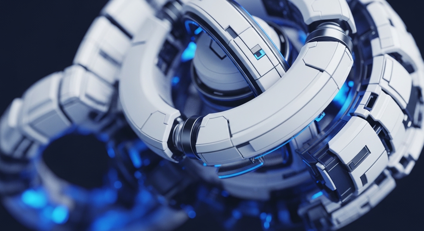 A close-up, shallow depth-of-field perspective highlights a futuristic mechanical construct, featuring white, metallic, and dark gray elements with internal blue luminescence. The intricate design showcases interlocking segments and a central spherical component, conveying advanced engineering