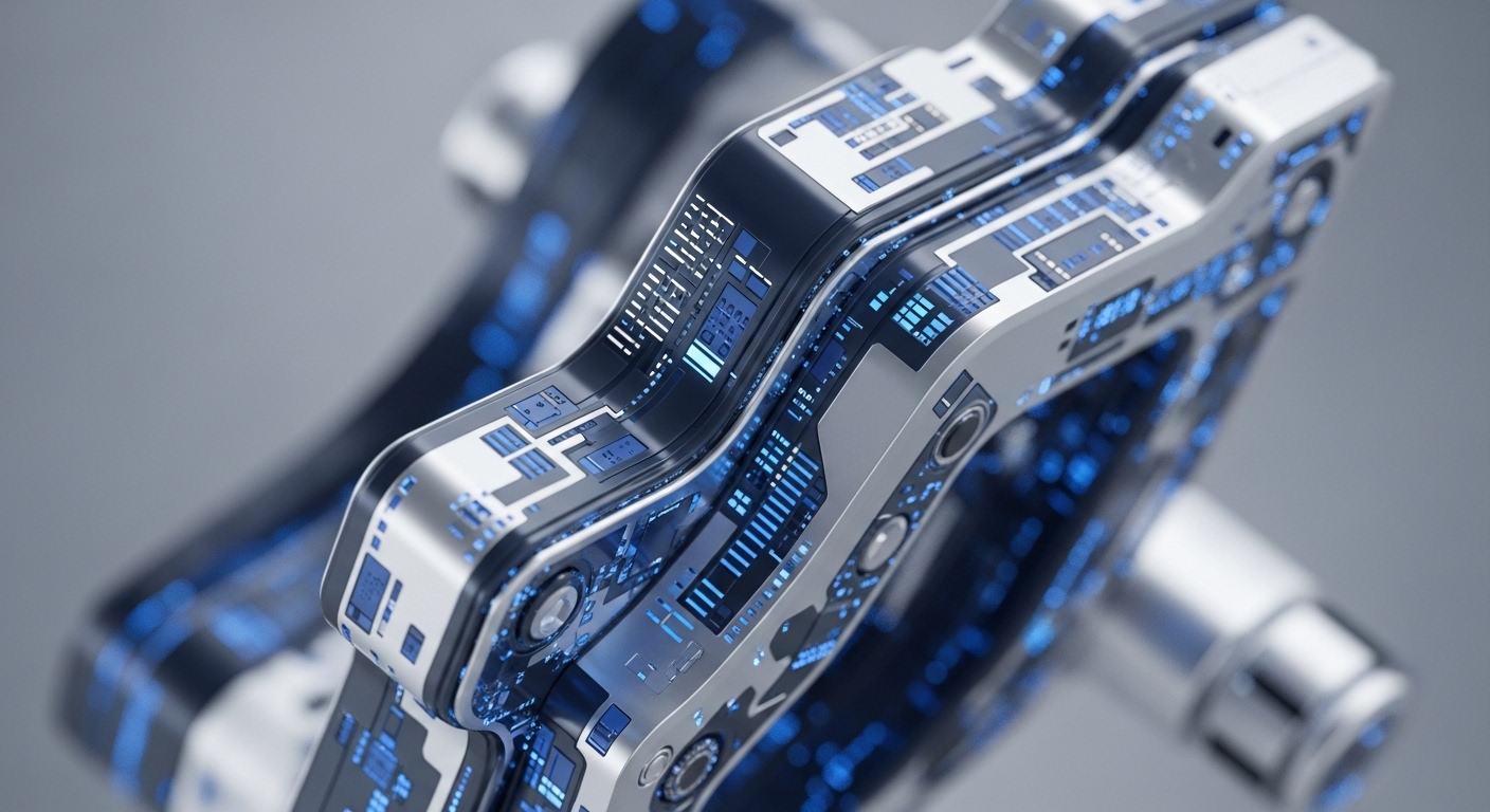 A sophisticated, metallic, segmented hardware component features intricate blue glowing circuitry patterns embedded within its sleek structure, set against a soft grey background. The object's design emphasizes modularity and advanced internal processing, with illuminated pathways suggesting active data transmission