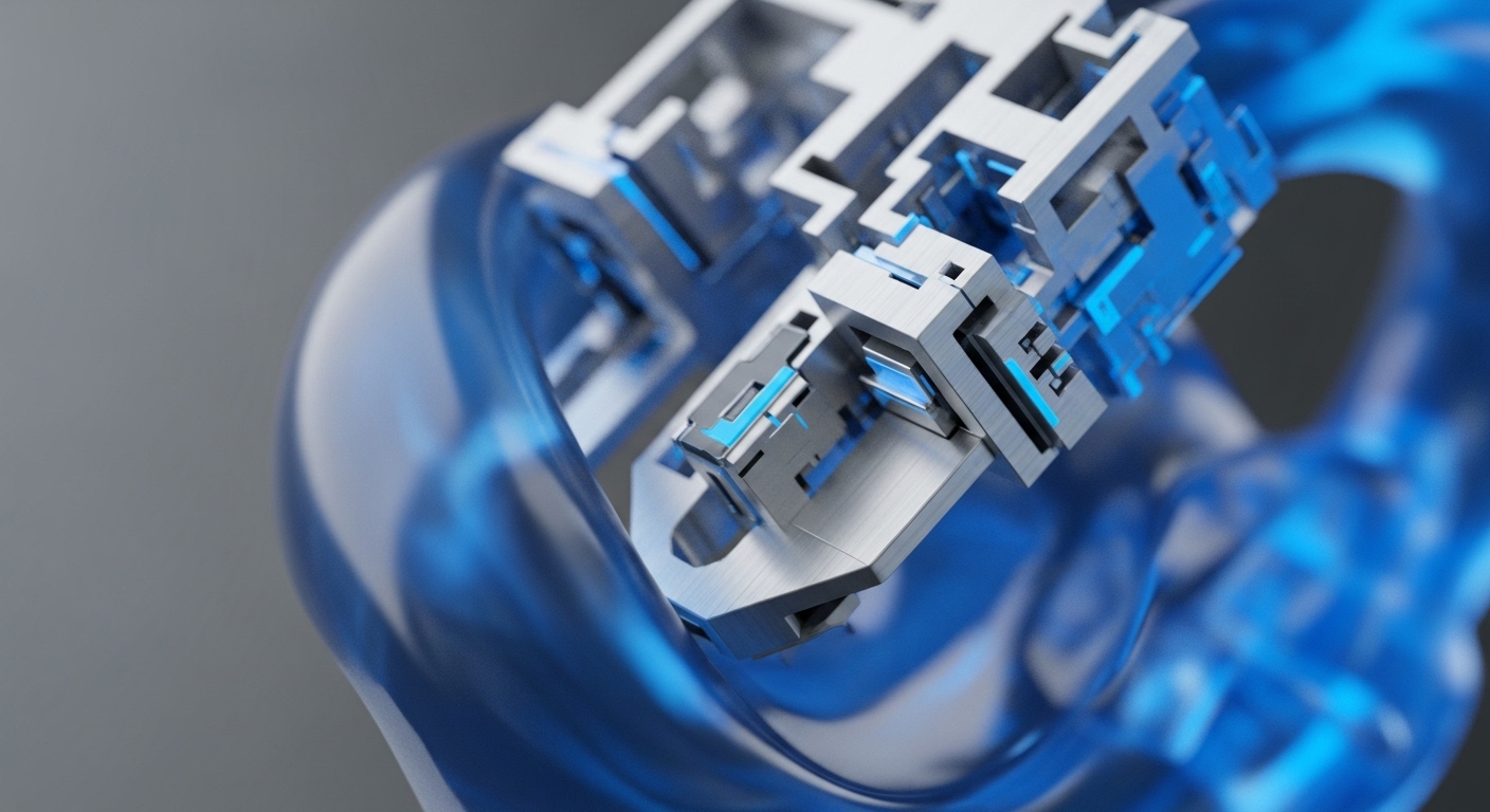 The image presents a highly detailed, close-up view of an advanced metallic component, characterized by intricate blocky structures and vibrant blue glowing elements. This sophisticated hardware is partially submerged within a translucent, flowing blue substance, set against a soft, out-of-focus grey background