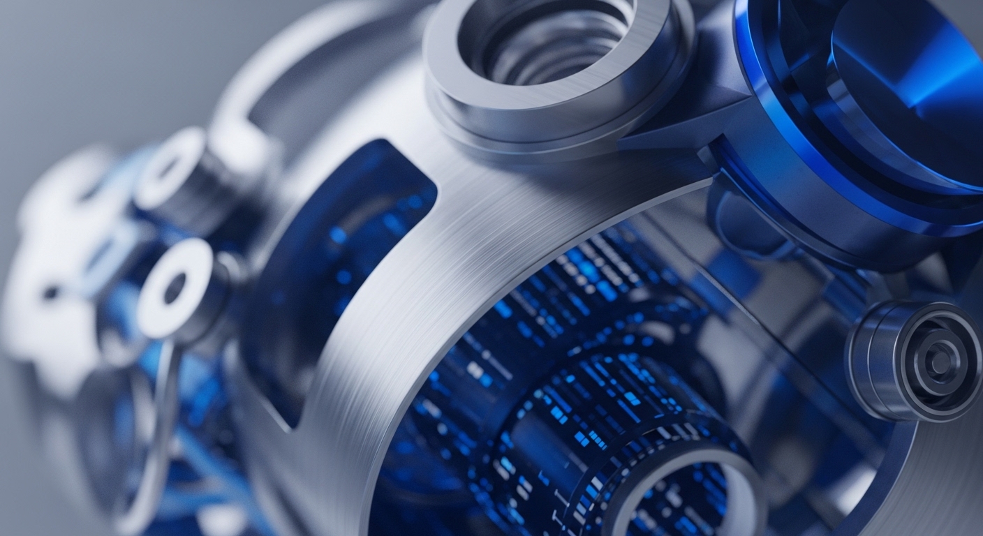 A close-up view reveals a complex mechanical assembly composed of brushed silver metallic components and vibrant blue glowing digital elements. The central cylindrical structure houses numerous small, illuminated blue rectangles, resembling data streams or processing units, while surrounding metallic rings and fasteners complete the intricate design