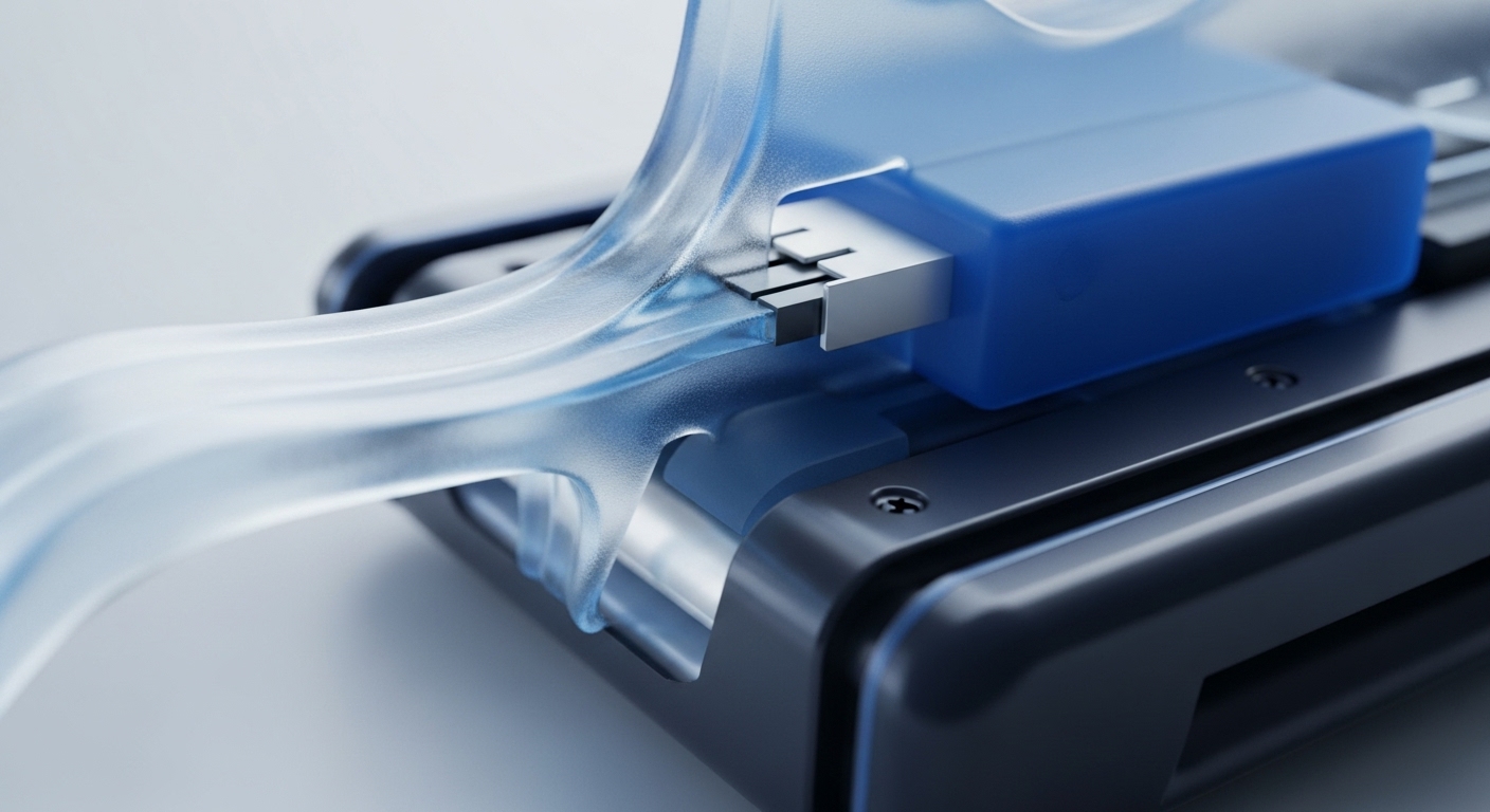 A transparent, flowing conduit connects to a metallic interface, which is securely plugged into a blue, rectangular device. This device is mounted on a dark, textured base, secured by visible screws, suggesting a robust and precise engineering