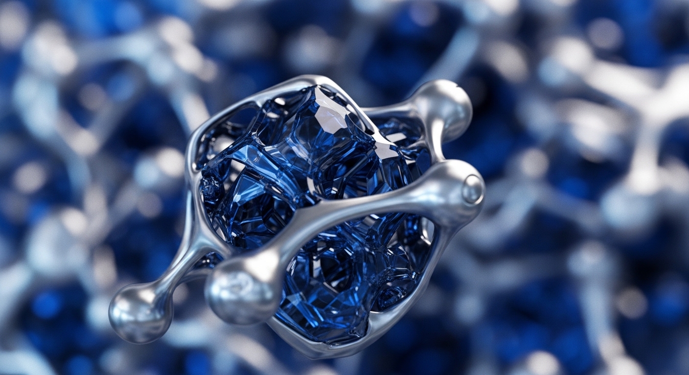 A central abstract structure features a gleaming silver, interconnected metallic framework encasing a complex, faceted deep blue crystalline core. The background shows blurred, similar metallic and blue elements, suggesting a larger, intricate network