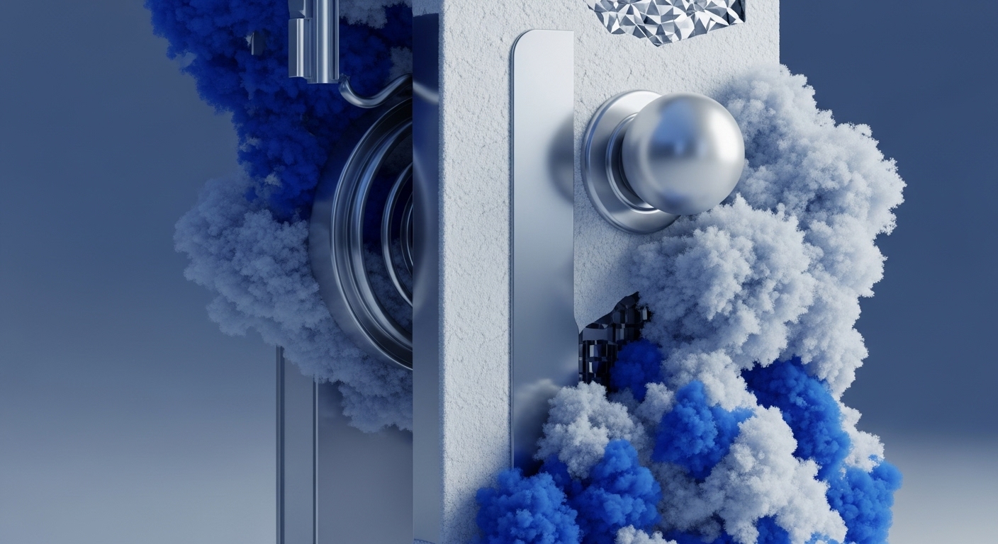 A partially opened metallic vault structure reveals an intricate interior filled with vibrant blue and white cloud-like formations, symbolizing digital asset liquidity within a secure framework. Metallic components, including a prominent spherical dial and concentric rings, suggest advanced cryptographic security mechanisms and robust blockchain architecture. The textured, crystalline surface above hints at tokenomics or a decentralized autonomous organization's DAO governance structure. This visual metaphor encapsulates the dynamic interplay of on-chain data, smart contract logic, and secure cold storage solutions in the evolving Web3 ecosystem.