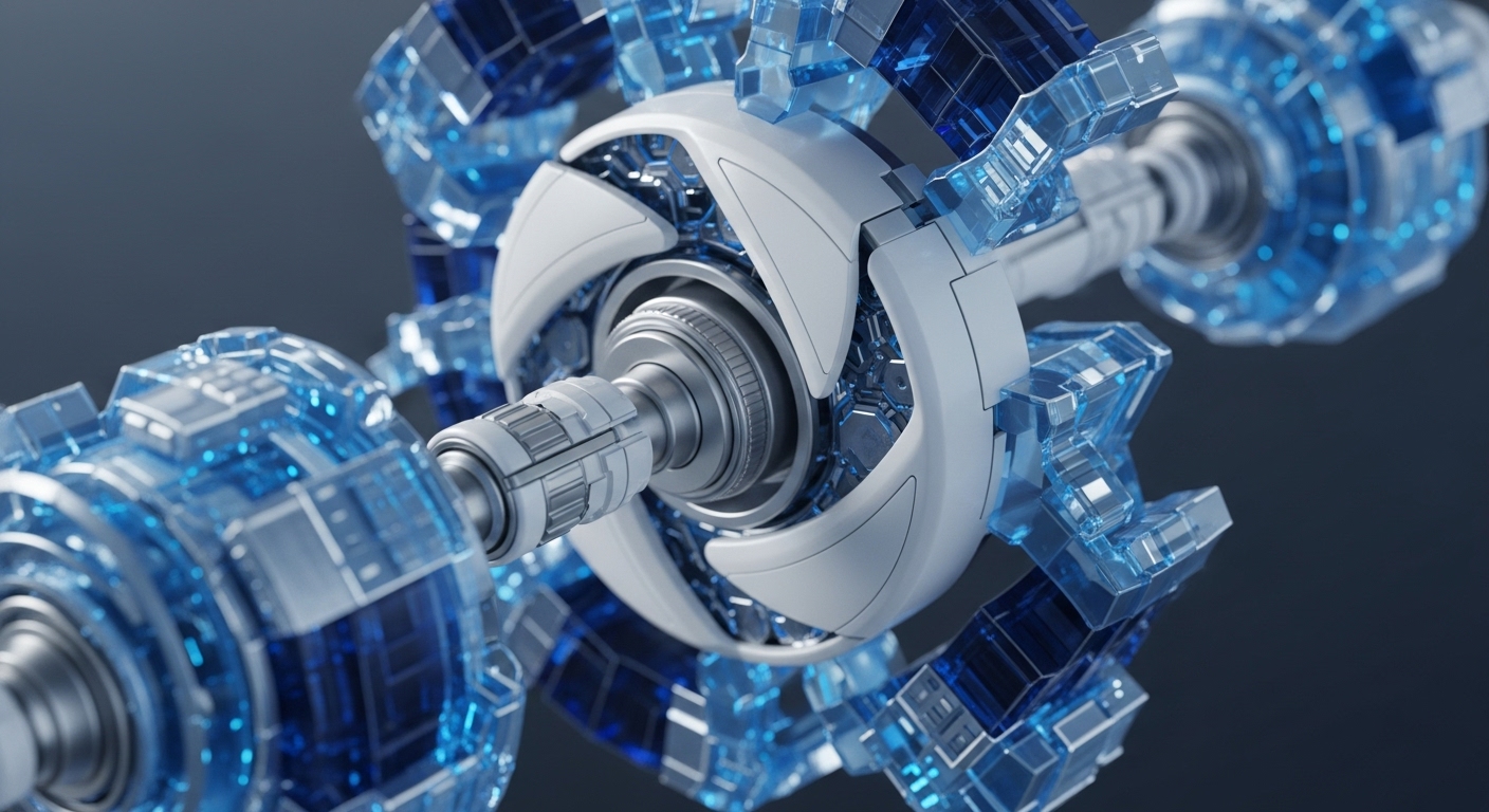 A close-up view reveals a highly detailed, futuristic mechanical system composed of a central white, segmented spherical module and translucent blue crystalline components. These elements are interconnected by a metallic shaft, showcasing intricate internal structures and glowing points within the blue sections, suggesting active data flow