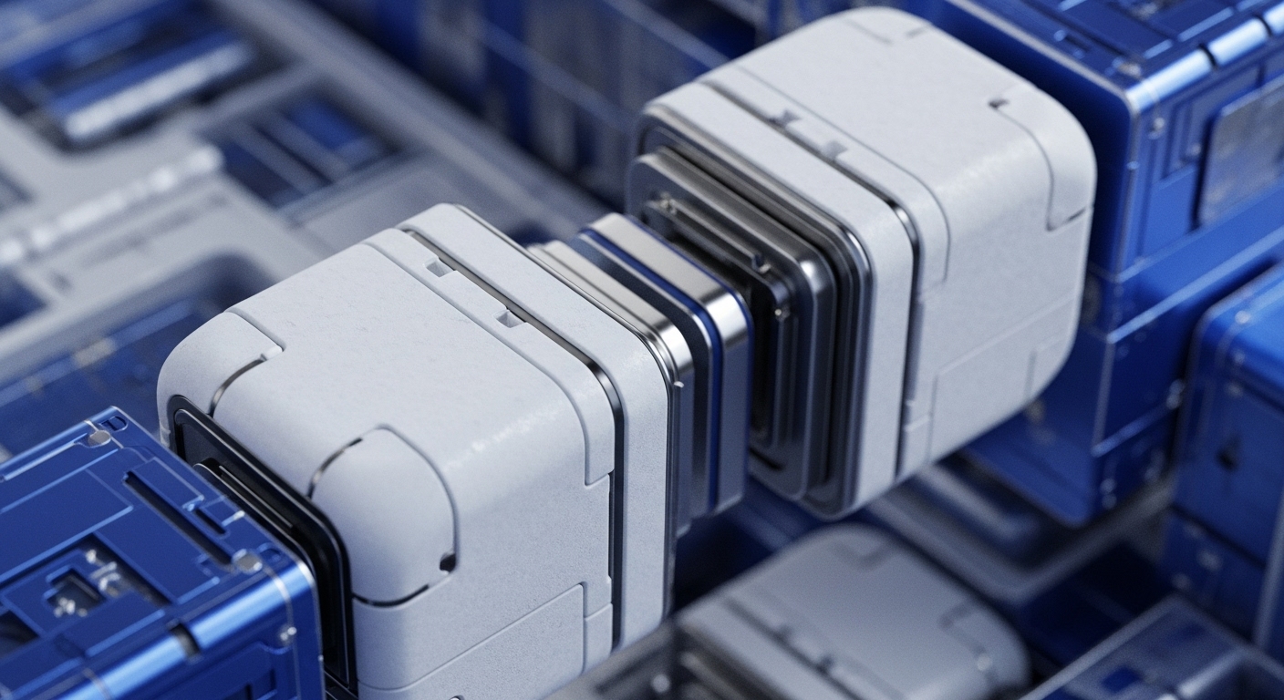 Close-up reveals interconnected white and blue modular components, symbolizing a robust distributed ledger technology architecture. These units suggest sharding implementation, where individual modules represent network nodes facilitating parallel transaction processing. The metallic interfaces highlight secure cross-chain interoperability, essential for scalable Web3 infrastructure. This physical representation evokes efficient data flow and cryptographic security within a decentralized ecosystem, crucial for high-throughput blockchain operations.