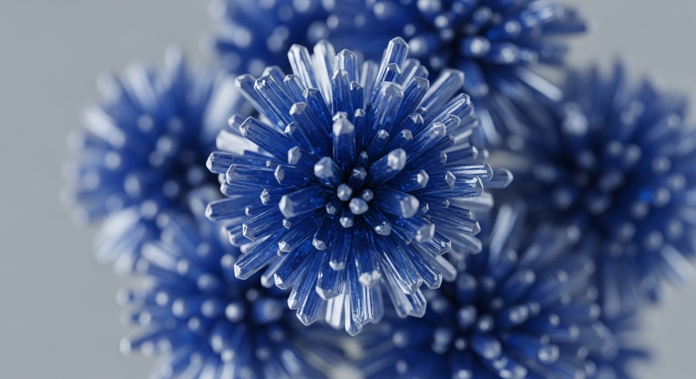 A close-up shot showcases multiple clusters of vibrant blue, translucent, spike-like crystalline formations, with the central cluster in sharp focus. Each formation comprises numerous hexagonal or faceted elements radiating outwards, creating a visually striking texture