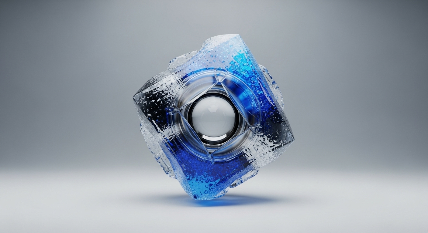 A sophisticated, translucent cube-like object is centered against a clean, light gray background. Its intricate design features a smooth white spherical core enveloped by clear, geometric facets and an outer layer of textured material, partly permeated by brilliant blue