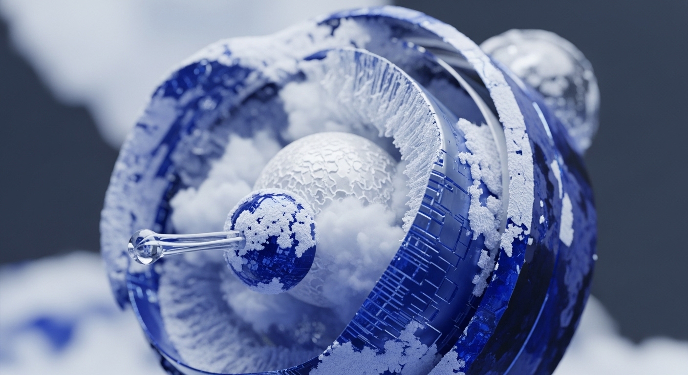 The image displays an abstract, spherical mechanism composed of concentric blue rings and internal spheres, all heavily covered in white frost and ice crystals. Cloud-like formations billow around the central elements, enhancing the cold, intricate aesthetic