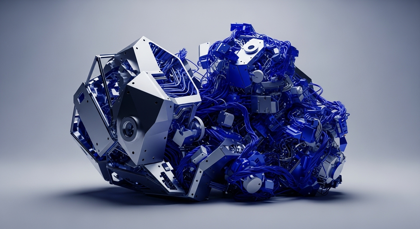 A complex digital artwork displays an intricate machine-like structure against a muted grey background. The composition features two distinct yet connected sections: a geometrically precise silver-grey component on the left and a dense, intertwined mass of blue cables and metallic parts on the right