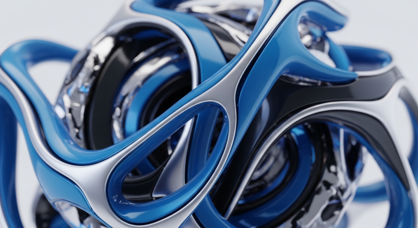 A visually striking abstract 3D rendering displays an intricate, interwoven structure composed of vibrant blue, sleek silver, and dark black components. The polished surfaces and fluid, organic shapes create a sense of dynamic interconnectedness and depth