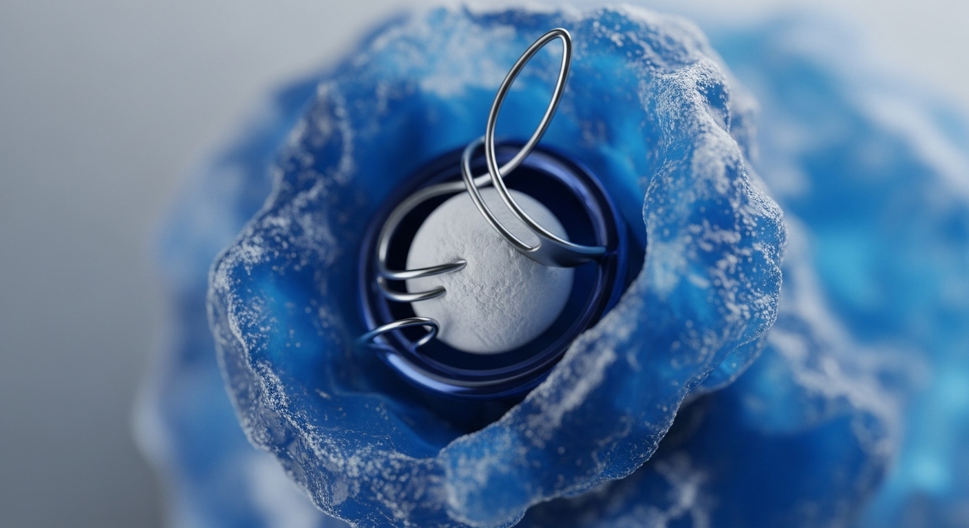 A central white sphere is meticulously held by a complex, metallic framework. This entire assembly is embedded within a textured, blue, ice-like matrix