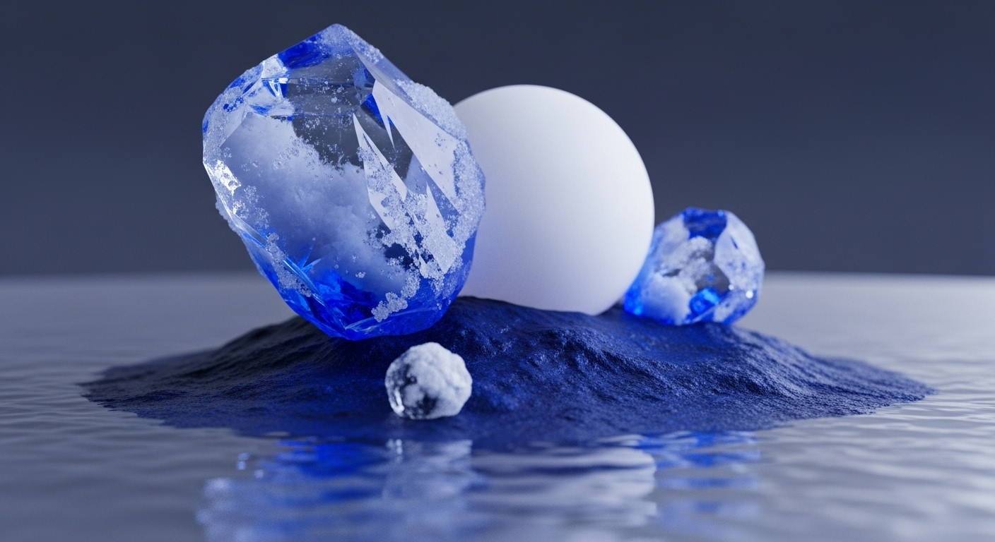 A striking composition features prominent blue digital assets, resembling frosted NFTs or utility tokens, anchored on a dark blue blockchain infrastructure. A smooth white stablecoin sphere rests centrally, symbolizing fiat-pegged assets or governance tokens. The textured foundation emerges from tranquil, reflective liquidity pools, hinting at decentralized finance DeFi protocols and tokenomics. Smaller crystalline structures suggest mining rewards or staking yields, emphasizing digital scarcity and cold storage principles within a burgeoning Web3 ecosystem.