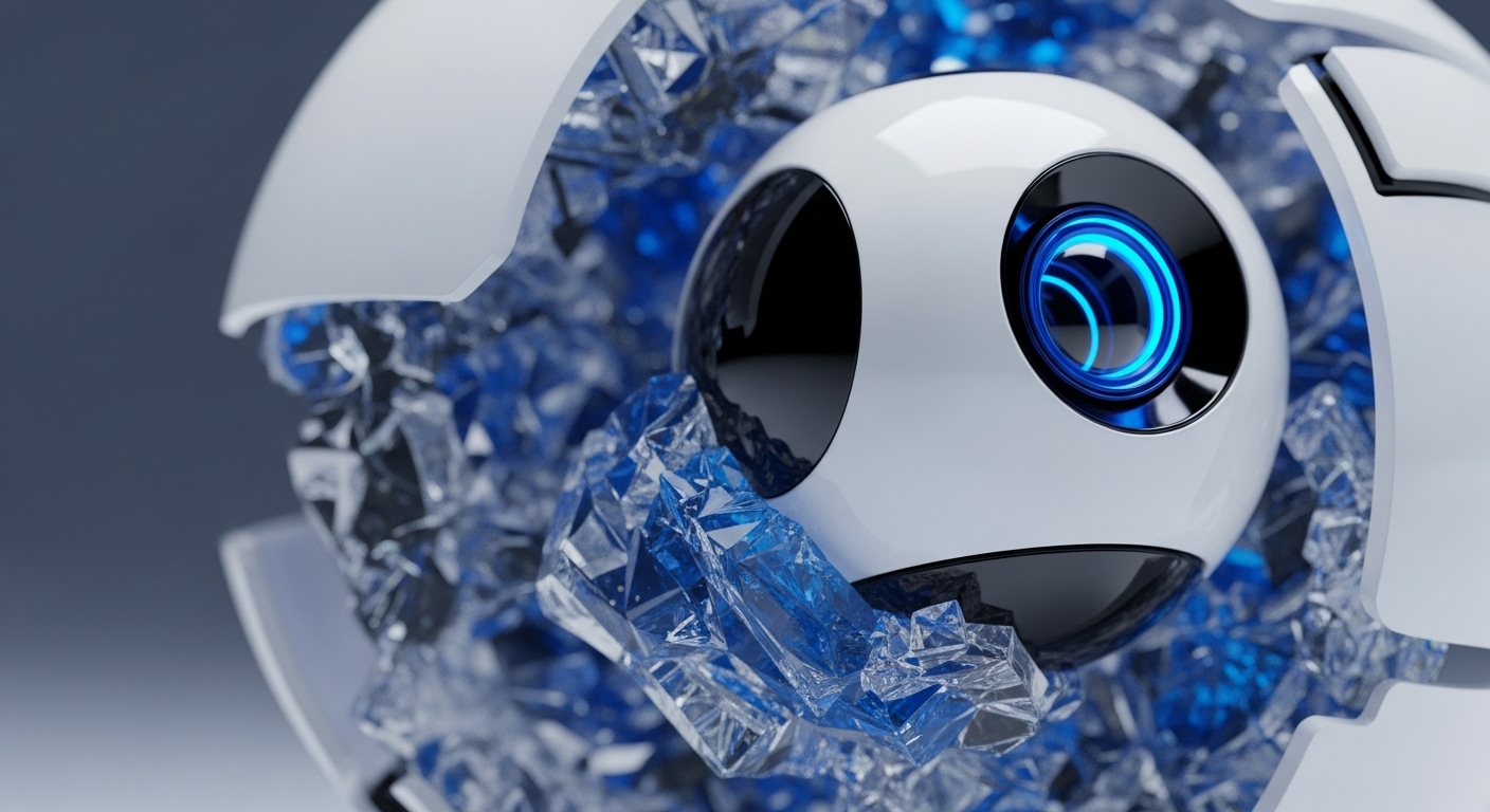 A pristine white spherical device with a luminous blue central lens is depicted, partially encased within a shattered, ice-like structure. The fractured outer shell reveals the inner workings and the radiant blue light emanating from its core, symbolizing the intricate protocol architecture of an advanced Decentralized Autonomous Agent