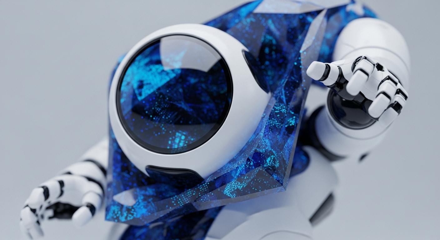 A white and translucent blue robot stands prominently, its faceted torso revealing intricate, glowing digital patterns. A white robotic arm extends forward, fingers slightly open, suggesting interaction or direction