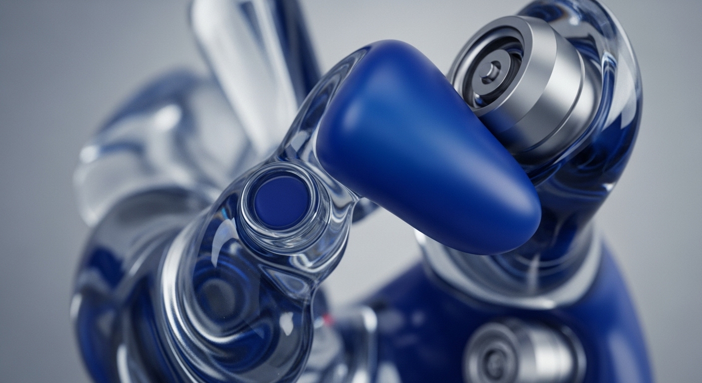 The image displays a detailed view of a futuristic mechanical arm, composed of translucent and matte blue segments with polished silver accents. This intricate design, highlighting precision engineering, evokes the complex operational frameworks within the cryptocurrency ecosystem